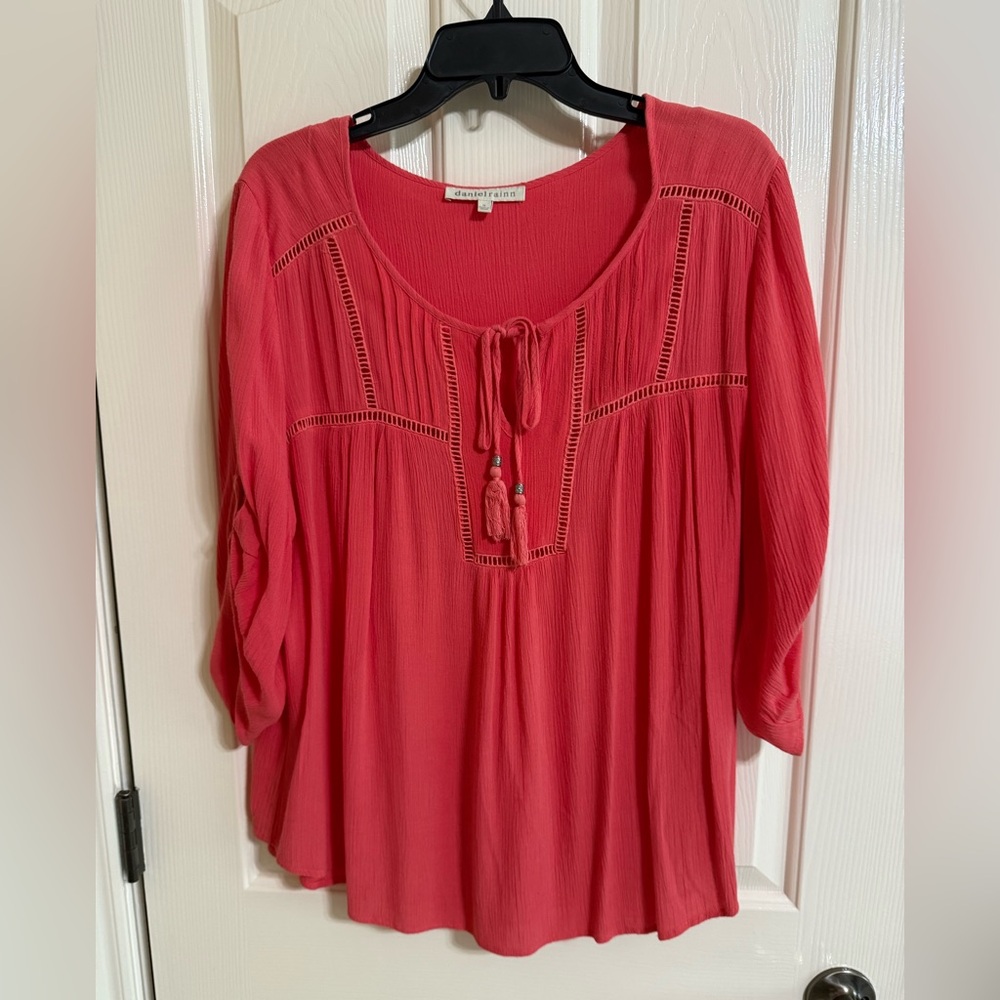Daniel Rainn Pink Blouse with Tie Front and 3/4 Sleeves
